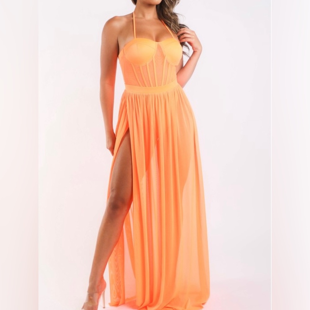 COPY - Orange Mesh Maxi Skirt and Bodysuit Set
